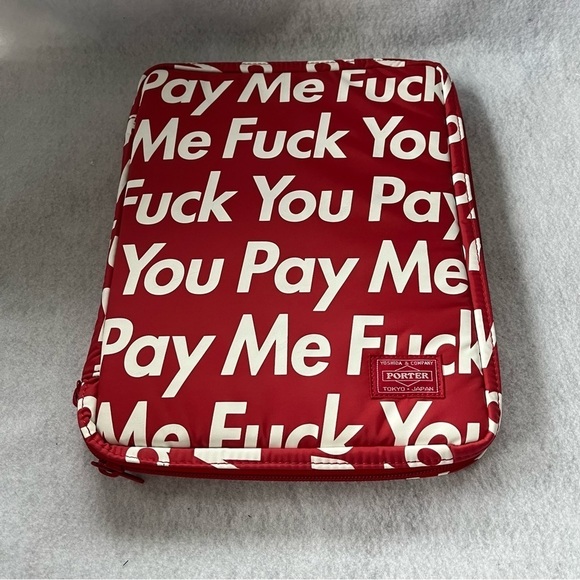 SUPREME x PORTER YOSHIDA Red Ipad Case Zip Around F*ck You Pay Me 2012 - Picture 1 of 16